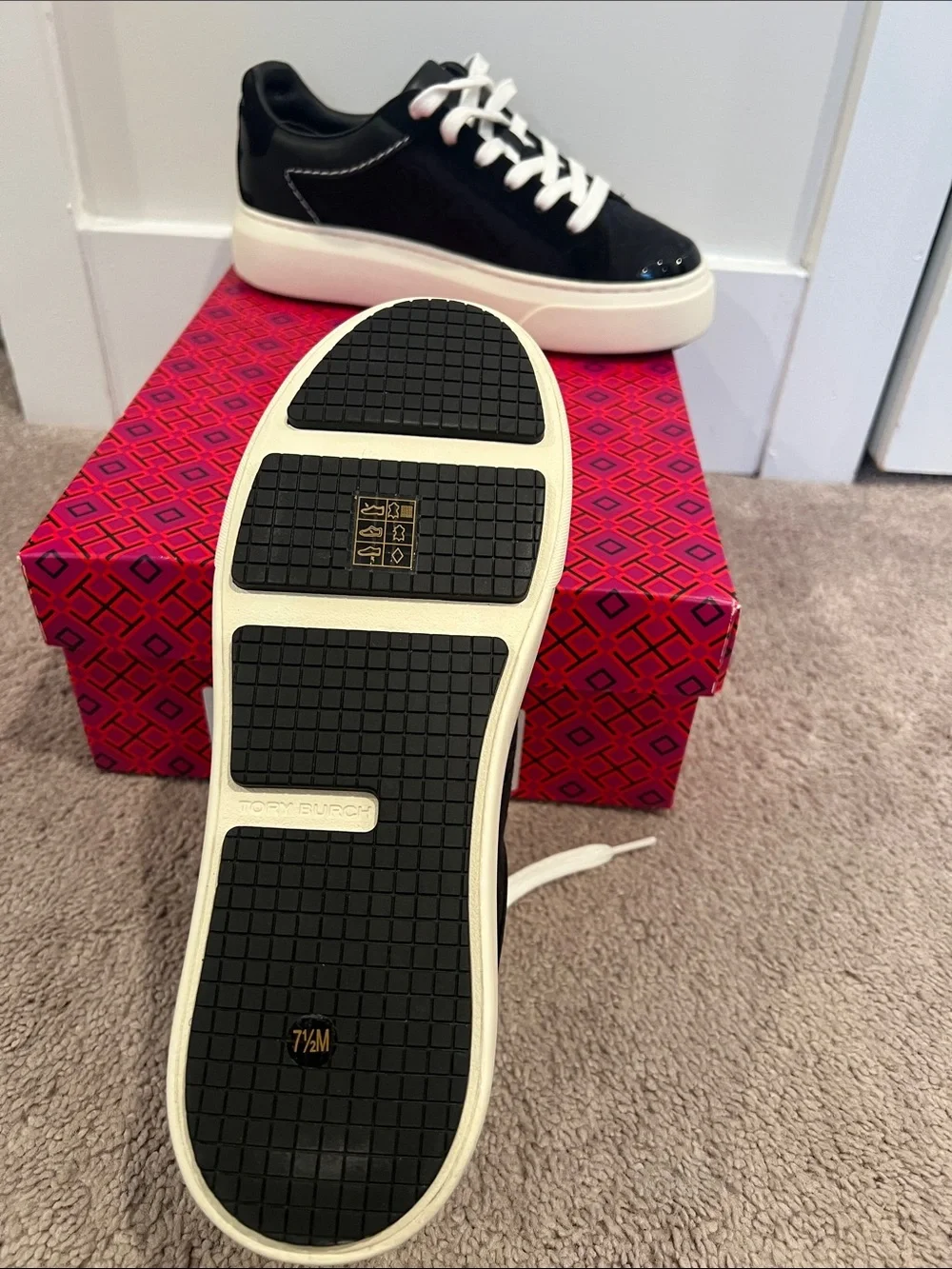 Tory Burch Kids Black and White Logo-Embossed Platform Sneaker